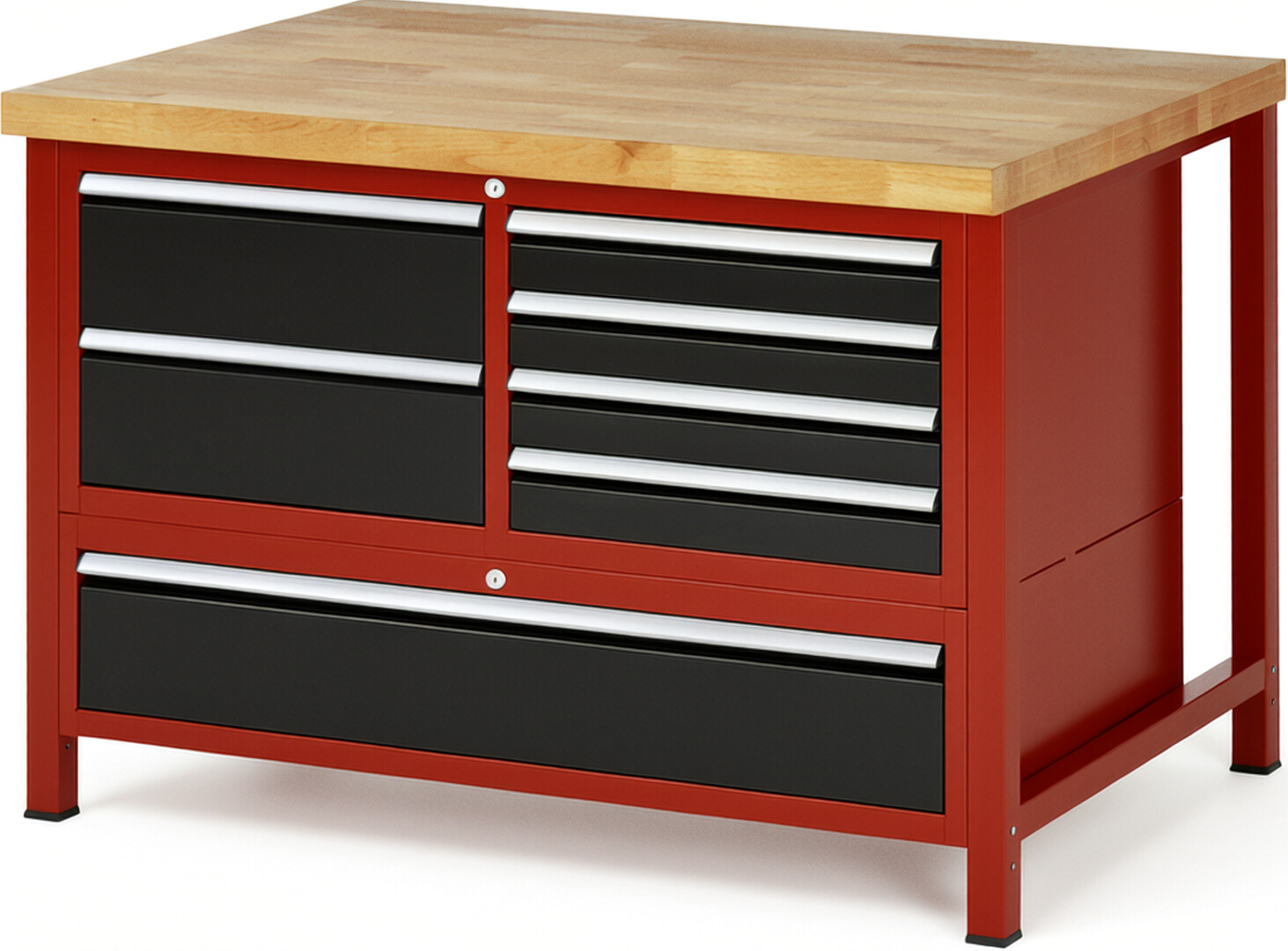 Werkbank Modell 8931 rot - schwarz, BxTxH 1250x900x840 mm,  Buche-Massiv Arbeitsplatte 40 mm,  7 Schubladen mit  Vollauszug 100 % und  SoftClosing