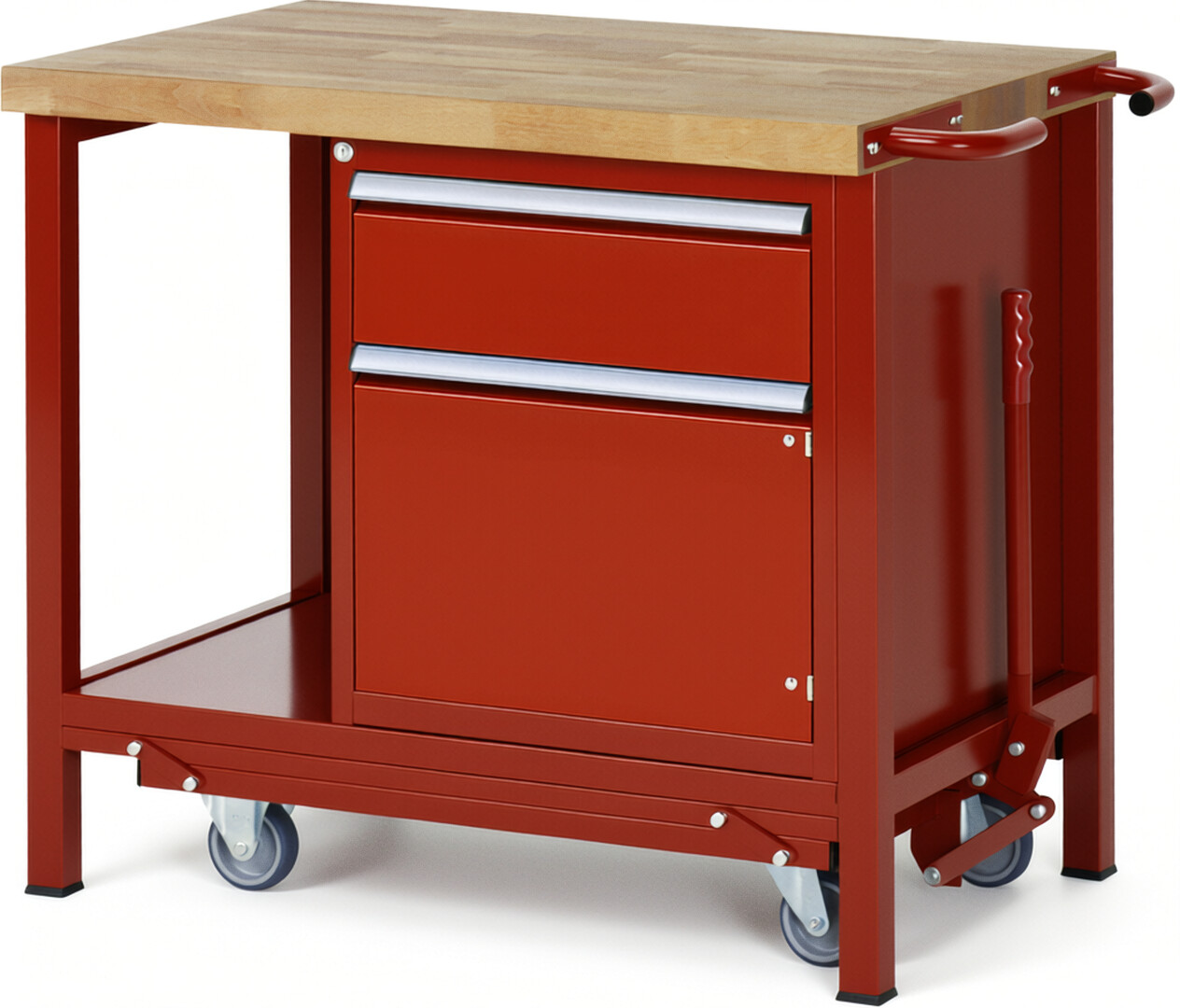 Absenkbare Werkbank Modell 8152 rot, BxTxH 1000x700x880 mm,  Buche-Massiv Arbeitsplatte 40 mm,  1 Schublade mit  Vollauszug 100 % und  SoftClosing