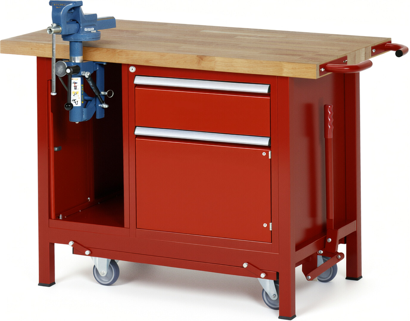 Absenkbare Werkbank Modell 8181 rot, BxTxH 1250x700x880 mm,  Buche-Massiv Arbeitsplatte 40 mm,  1 Schublade mit  Auszug 90 %
