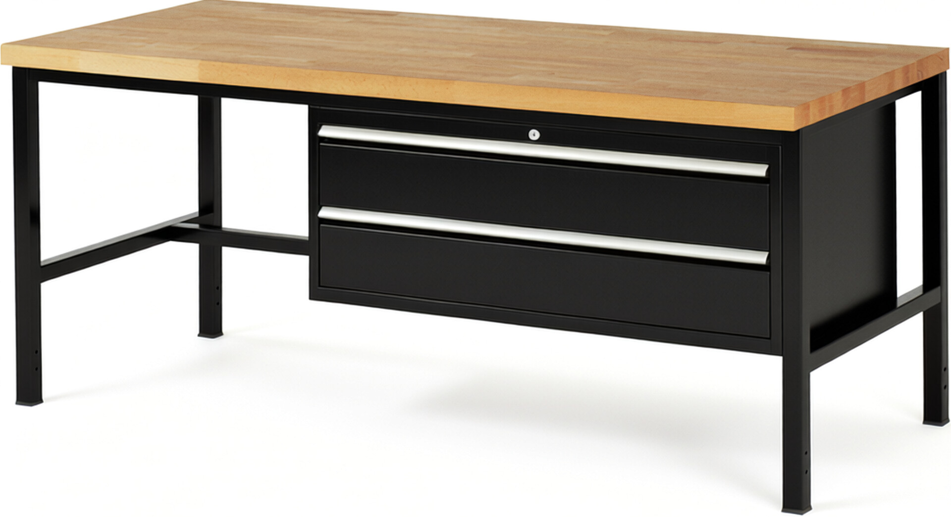 Werkbank Modell 8325 schwarz, BxTxH 2000x900x840 mm,  Buche-Massiv Arbeitsplatte 40 mm,  2 Schubladen mit  Auszug 90 %