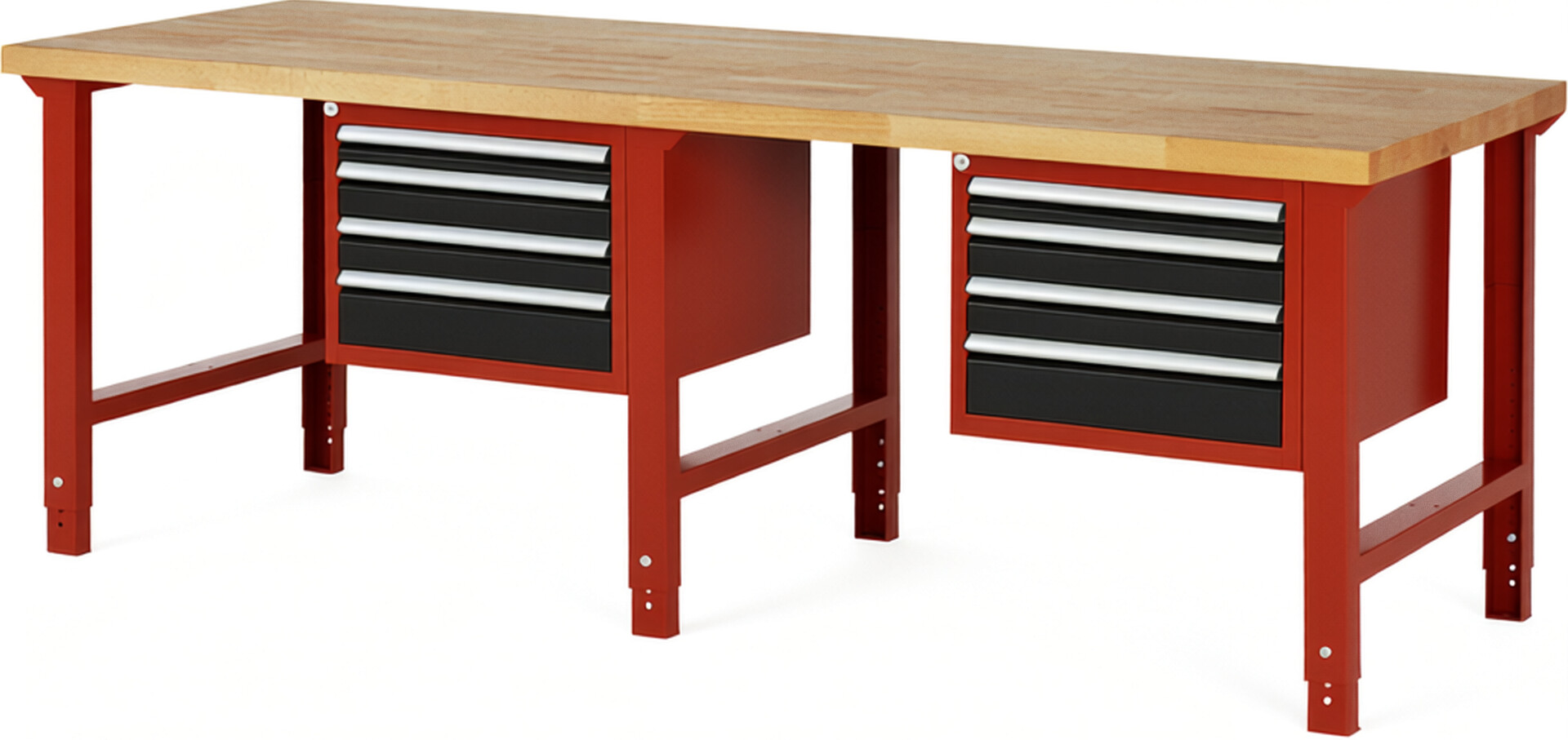 Werkbank Modell 7132 rot - schwarz, BxTxH 2500x900x790-1140 mm,  Buche-Massiv Arbeitsplatte 40 mm,  8 Schubladen mit  Auszug 90 %
