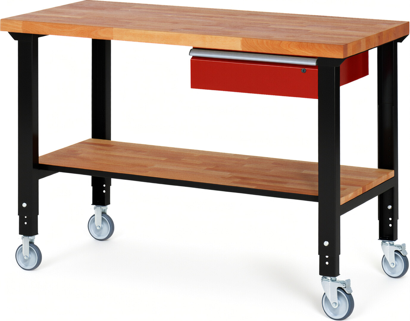 RAU Werkbank schwarz - rot - Breite 150 cm - Tiefe 70 cm - Höhe 100 cm - Buche-Massiv Arbeitsplatte 40 mm