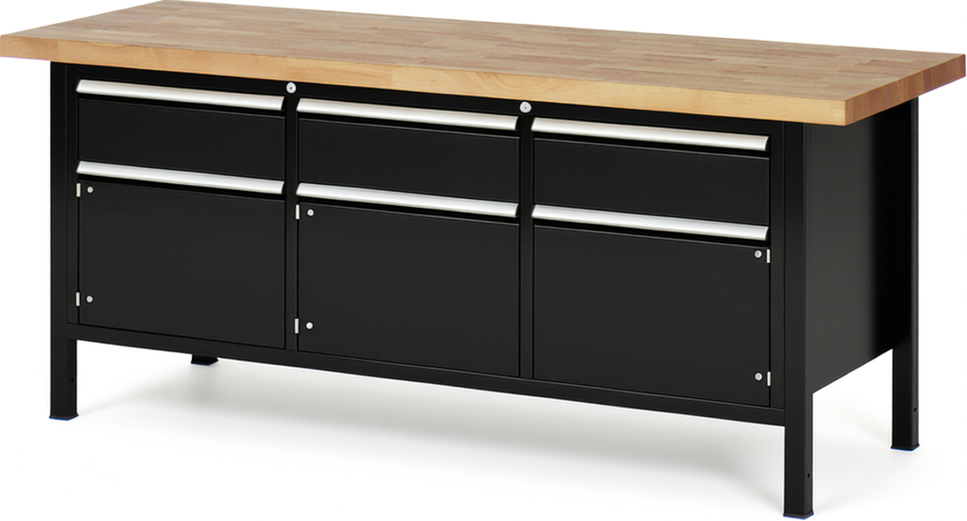 Werkbank Modell 8567 schwarz, BxTxH 2000x700x840-1040 mm,  Buche-Massiv Arbeitsplatte 40 mm,  3 Schubladen mit  Vollauszug 100 % und  SoftClosing