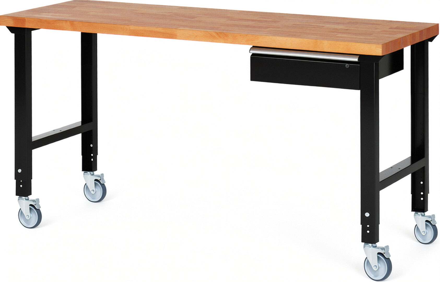 Fahrbare Werkbank Modell 7001 schwarz, BxTxH 2000x700x950-1000 mm,  Buche-Massiv Arbeitsplatte 40 mm,  1 Schublade mit  Auszug 90 %