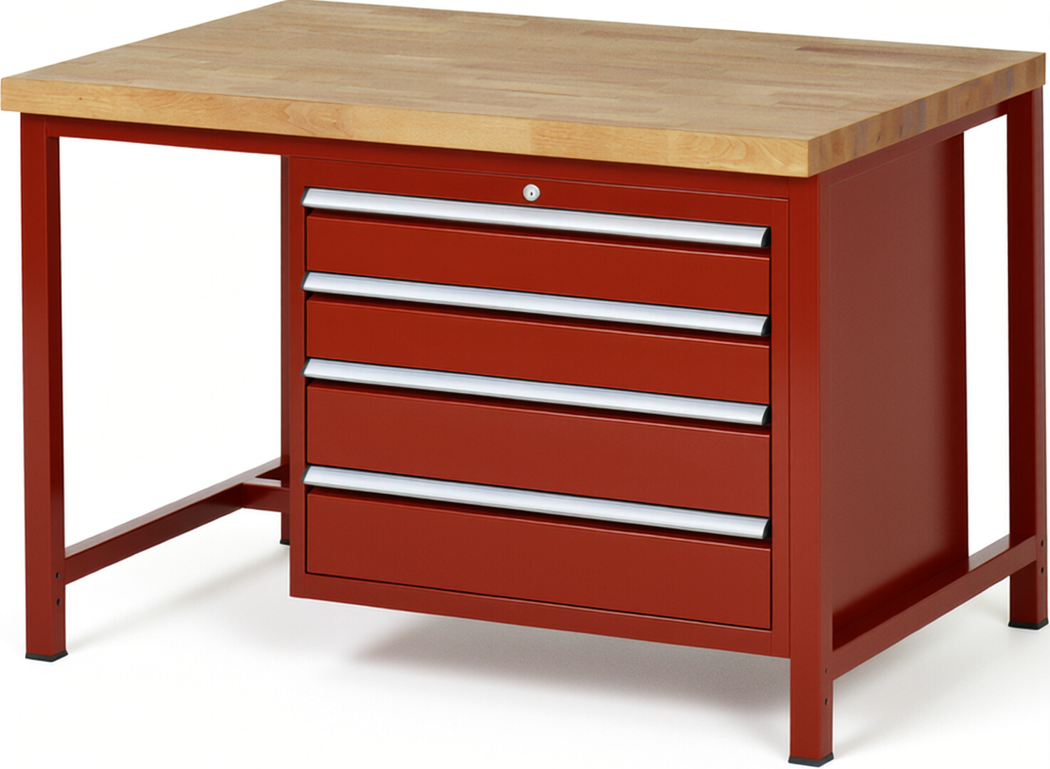 Werkbank Modell 8262 rot, BxTxH 1250x900x840 mm,  Buche-Massiv Arbeitsplatte 40 mm,  4 Schubladen mit  Vollauszug 100 % und  SoftClosing