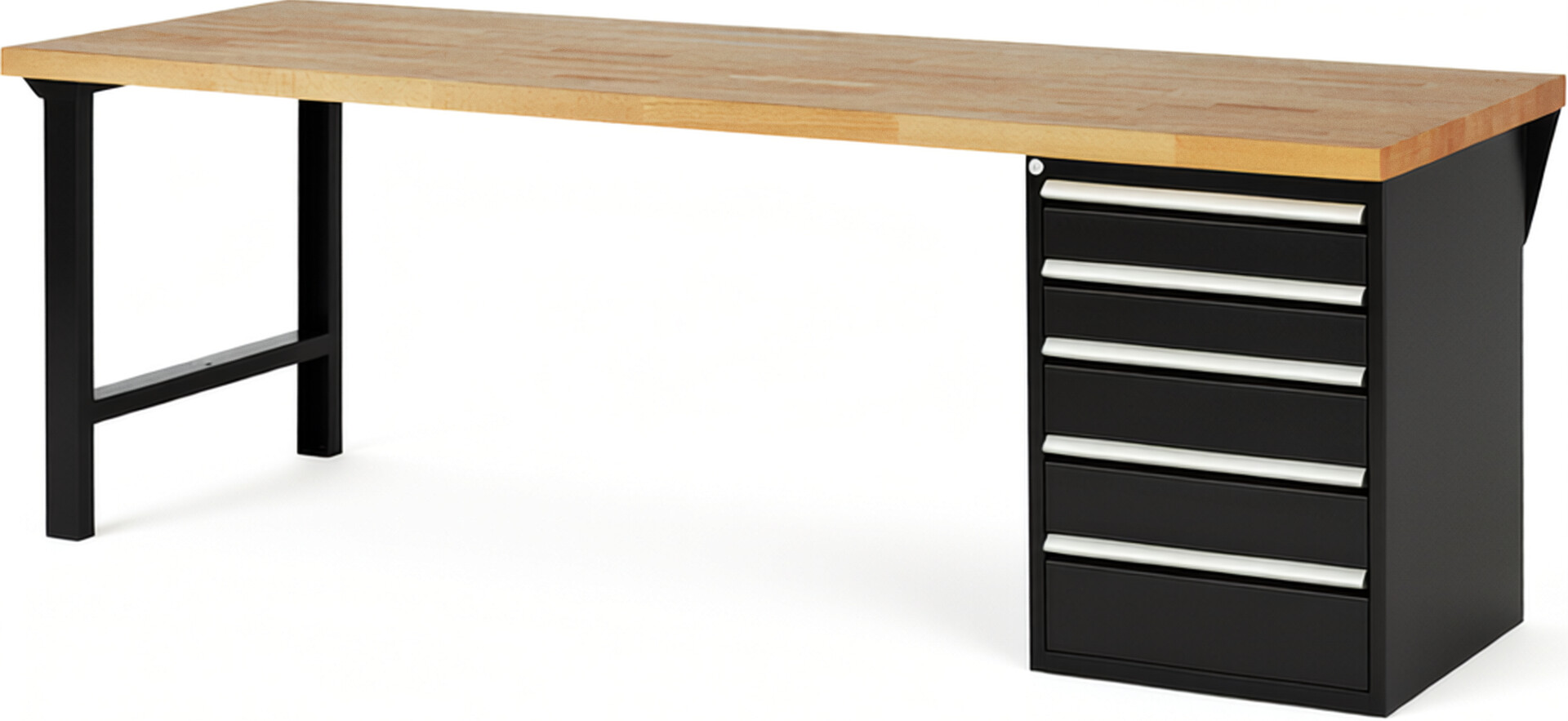Werkbank Modell 7513 schwarz, BxTxH 2500x900x890 mm,  Buche-Massiv Arbeitsplatte 40 mm,  5 Schubladen mit  Auszug 90 %
