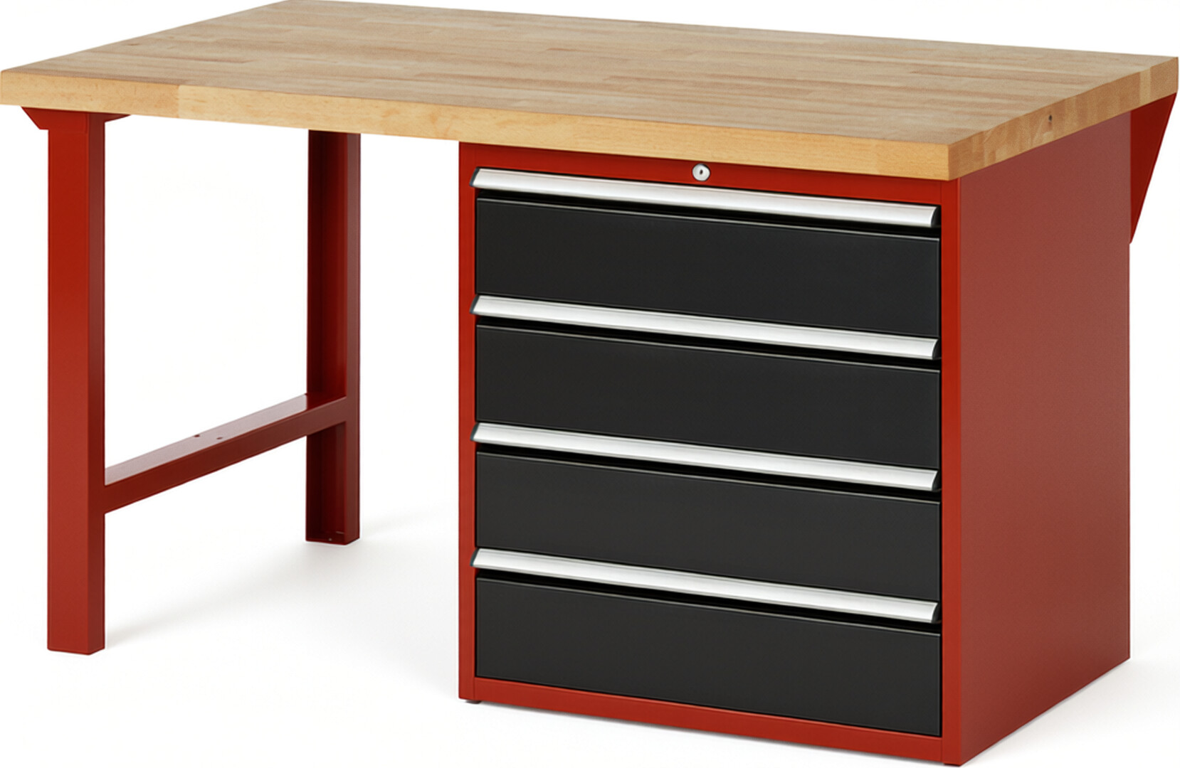 Werkbank Modell 7609 rot - schwarz, BxTxH 1500x900x840 mm,  Buche-Massiv Arbeitsplatte 40 mm,  4 Schubladen mit  Auszug 90 %