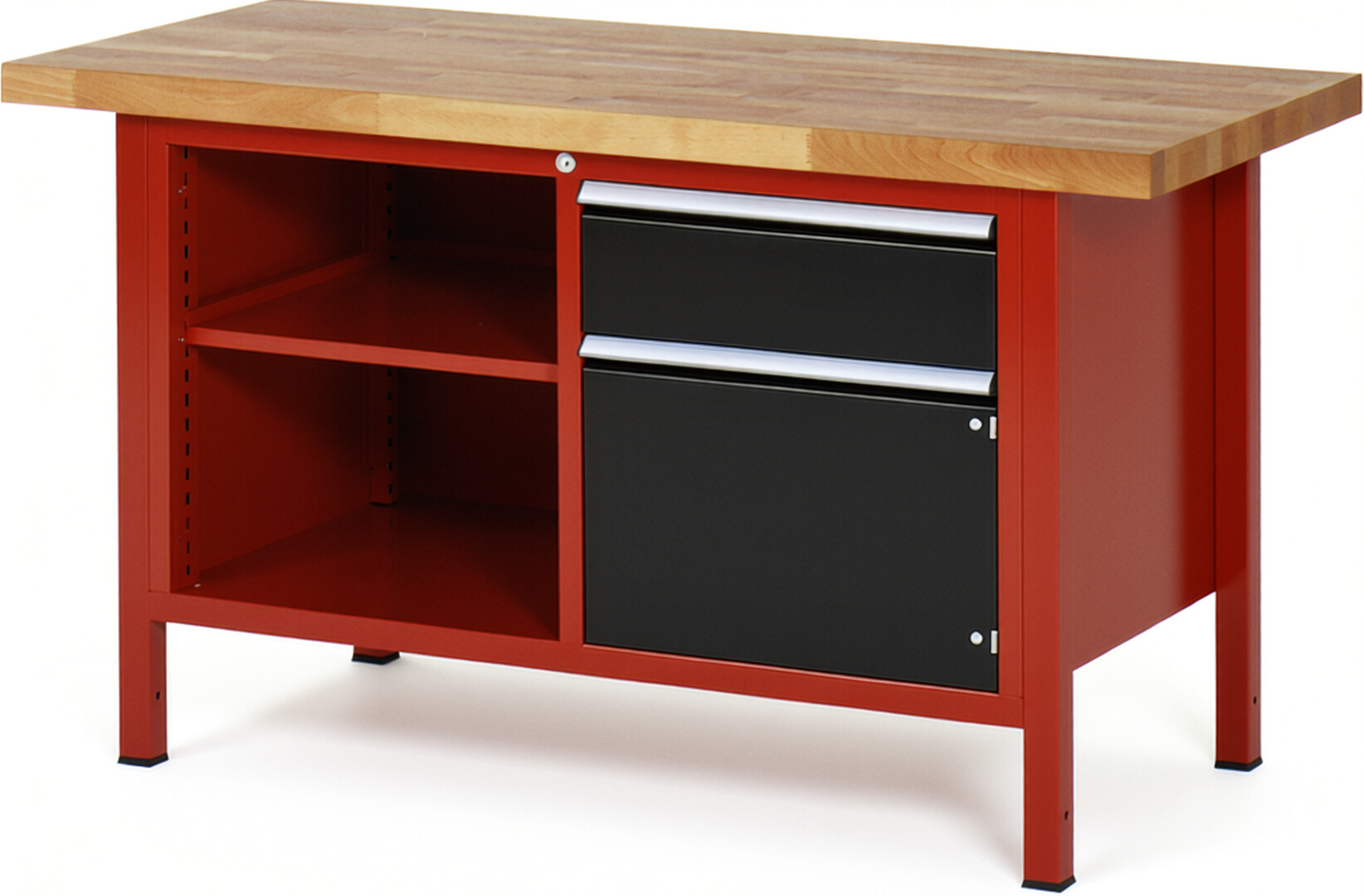 Werkbank Modell 8461 rot - schwarz, BxTxH 1500x700x840-1040 mm,  Buche-Massiv Arbeitsplatte 40 mm,  1 Schublade mit  Auszug 90 %