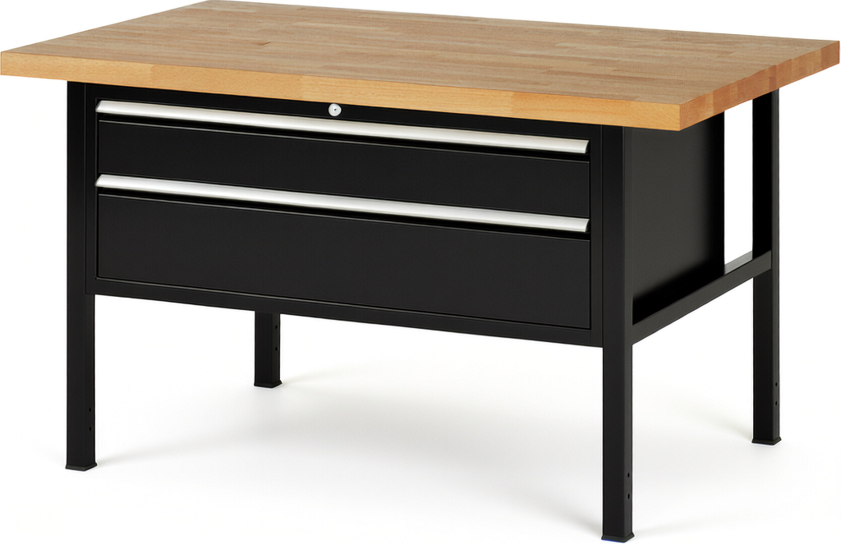 Werkbank Modell 8323 schwarz, BxTxH 1500x900x840 mm,  Buche-Massiv Arbeitsplatte 40 mm,  2 Schubladen mit  Auszug 90 %
