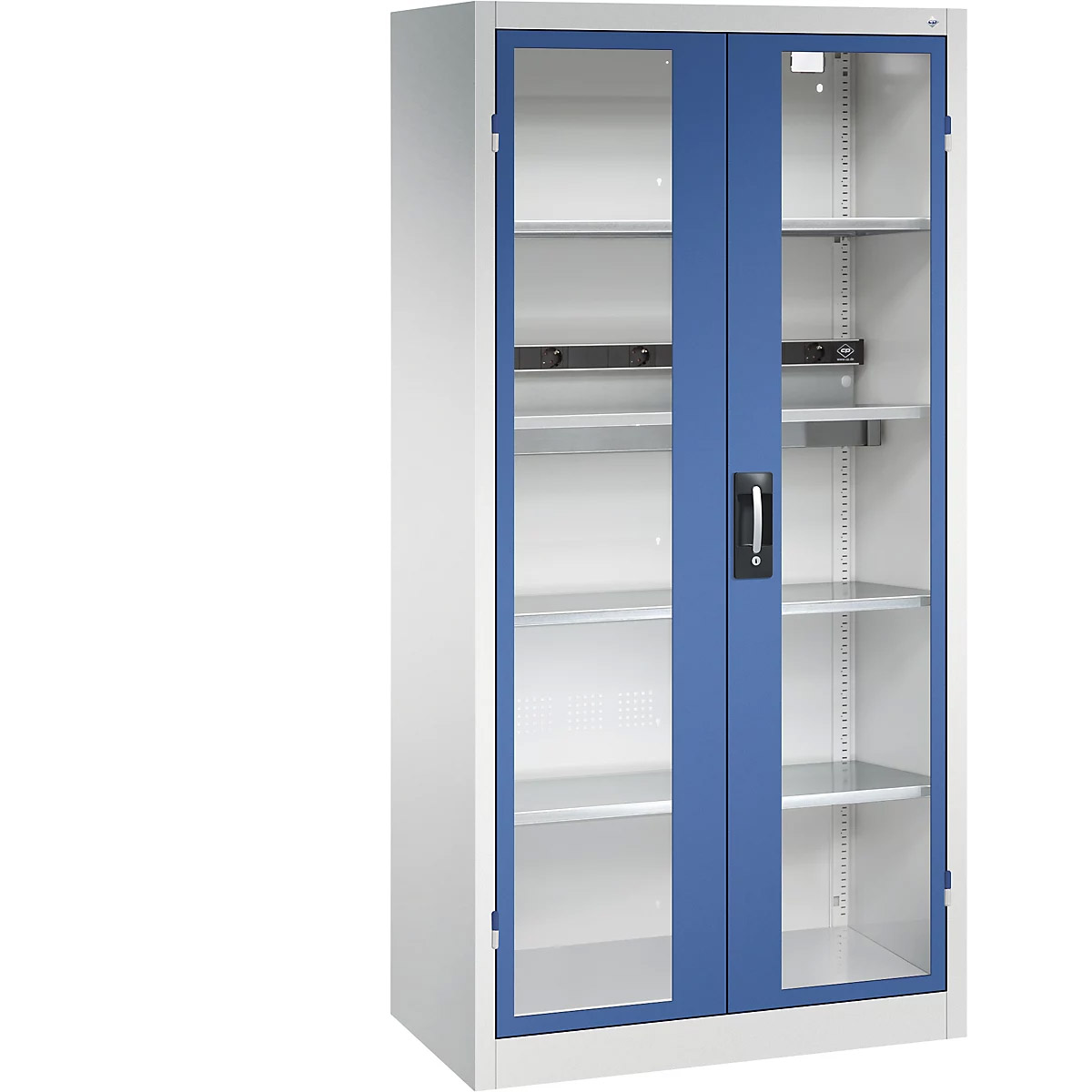 Akku Ladeschrank, Sichtfenster-Türen,BxTxH 930x500x1950 mm, RAL 7035/5010 mit 3 verzinkten Einlegeböden