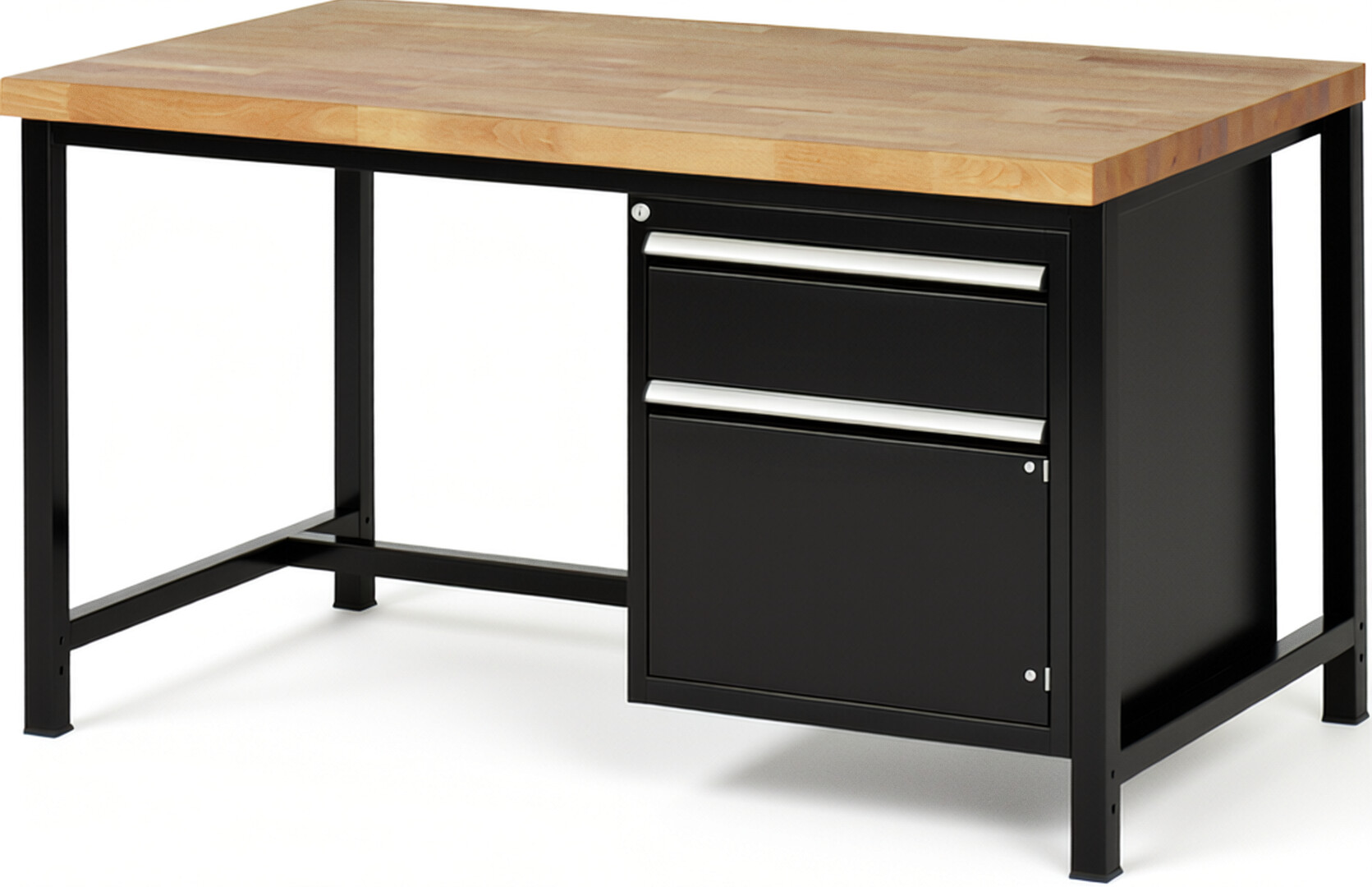 Werkbank Modell 8152 schwarz, BxTxH 1500x900x840 mm,  Buche-Massiv Arbeitsplatte 40 mm,  1 Schublade mit  Auszug 90 %