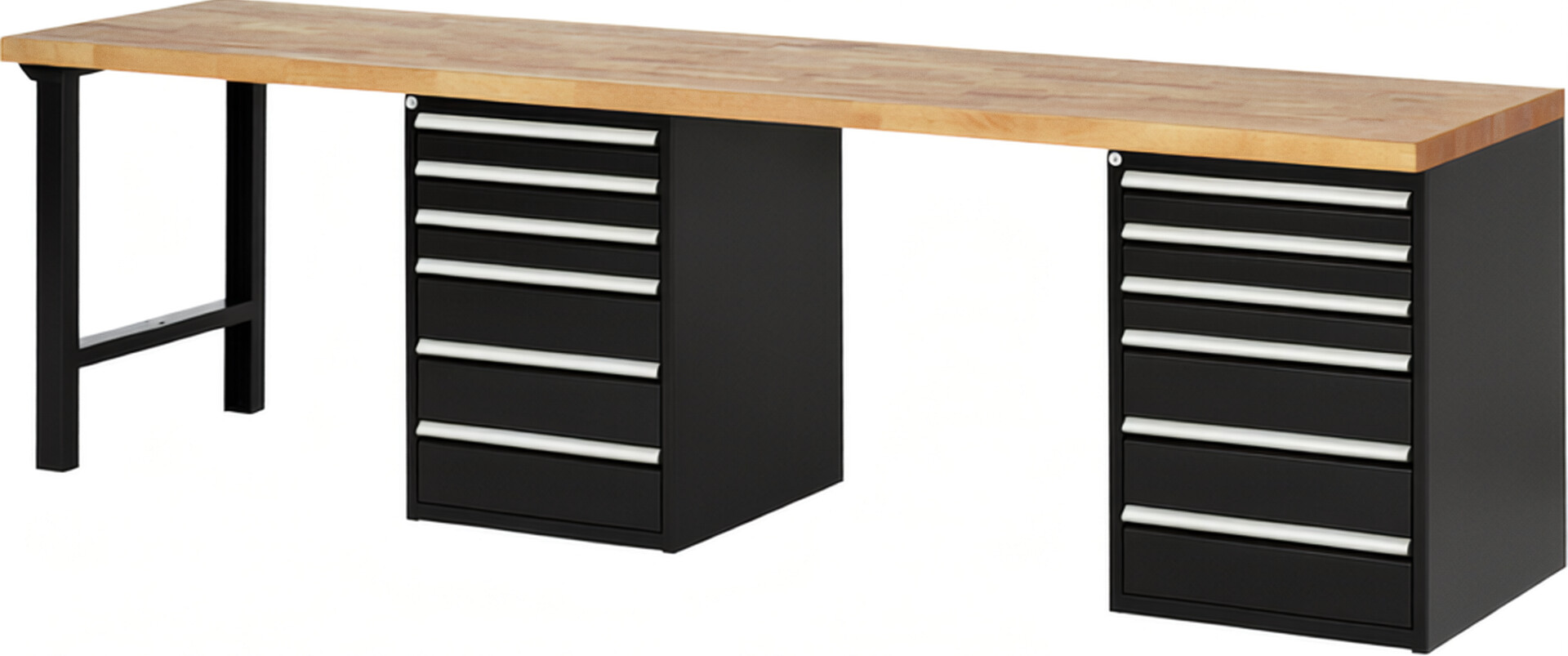 Werkbank Modell 7515 schwarz, BxTxH 3000x700x890 mm,  Buche-Massiv Arbeitsplatte 40 mm,  12 Schubladen mit  Vollauszug 100 % und  SoftClosing