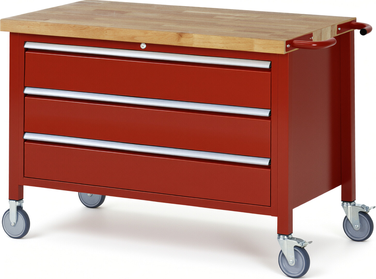 Fahrbare Werkbank Modell 8357 rot, BxTxH 1250x700x880-1080 mm,  Buche-Massiv Arbeitsplatte 40 mm,  3 Schubladen mit  Auszug 90 %