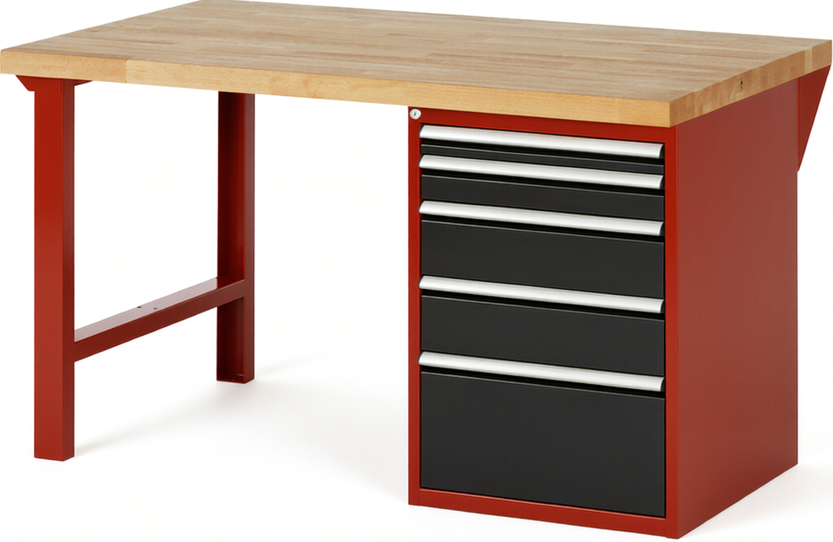 Werkbank Modell 7511 rot - schwarz, BxTxH 1500x900x890 mm,  Buche-Massiv Arbeitsplatte 40 mm,  5 Schubladen mit  Auszug 90 %