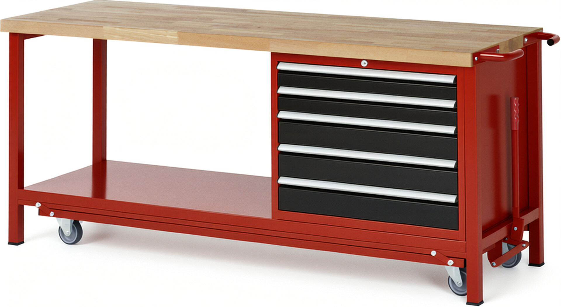 Absenkbare Werkbank Modell 8271 rot - schwarz, BxTxH 2000x700x880 mm,  Buche-Massiv Arbeitsplatte 40 mm,  5 Schubladen mit  Vollauszug 100 % und  SoftClosing