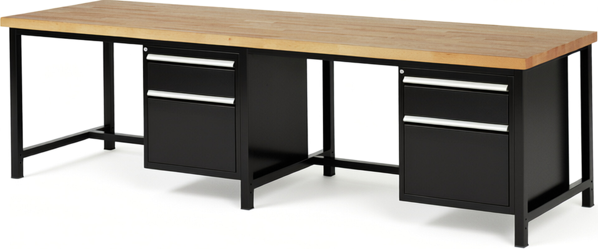 Werkbank Modell 8156 schwarz, BxTxH 3000x900x840 mm,  Buche-Massiv Arbeitsplatte 40 mm,  4 Schubladen mit  Vollauszug 100 % und  SoftClosing