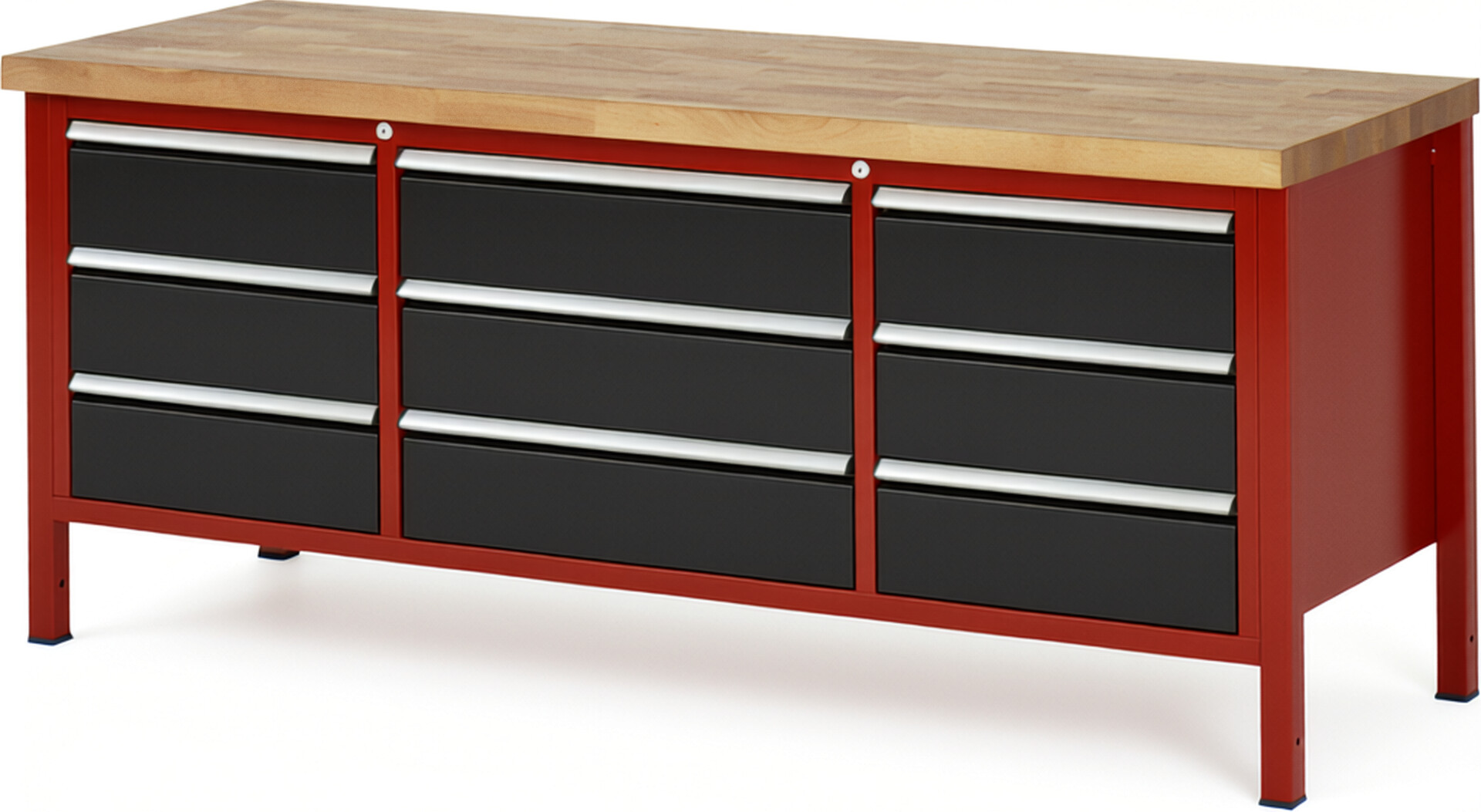 Werkbank Modell 8754 rot - schwarz, BxTxH 2000x700x840 mm,  Buche-Massiv Arbeitsplatte 40 mm,  9 Schubladen mit  Auszug 90 %