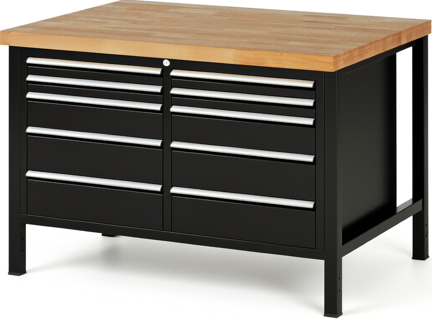 Werkbank Modell 8480 schwarz, BxTxH 1250x900x840 mm,  Buche-Massiv Arbeitsplatte 40 mm,  10 Schubladen mit  Vollauszug 100 % und  SoftClosing