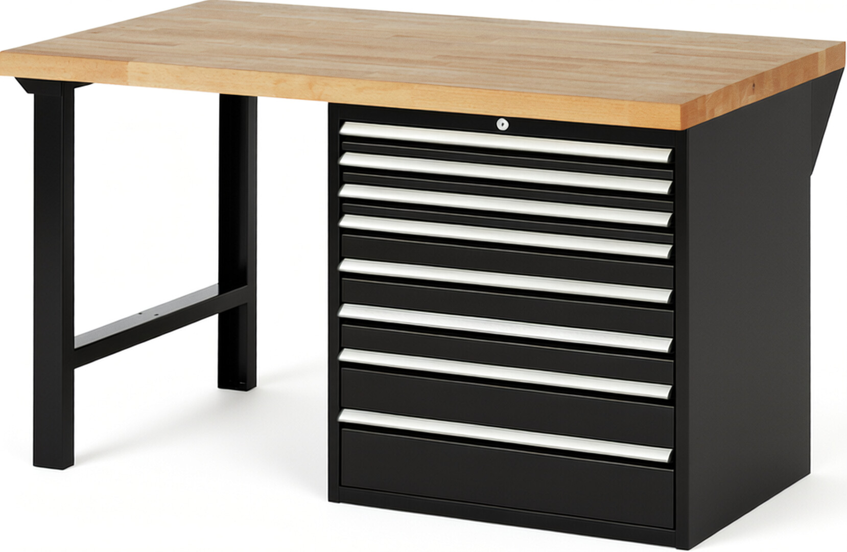 Werkbank Modell 7619 schwarz, BxTxH 1500x900x890 mm,  Buche-Massiv Arbeitsplatte 40 mm,  8 Schubladen mit  Vollauszug 100 % und  SoftClosing
