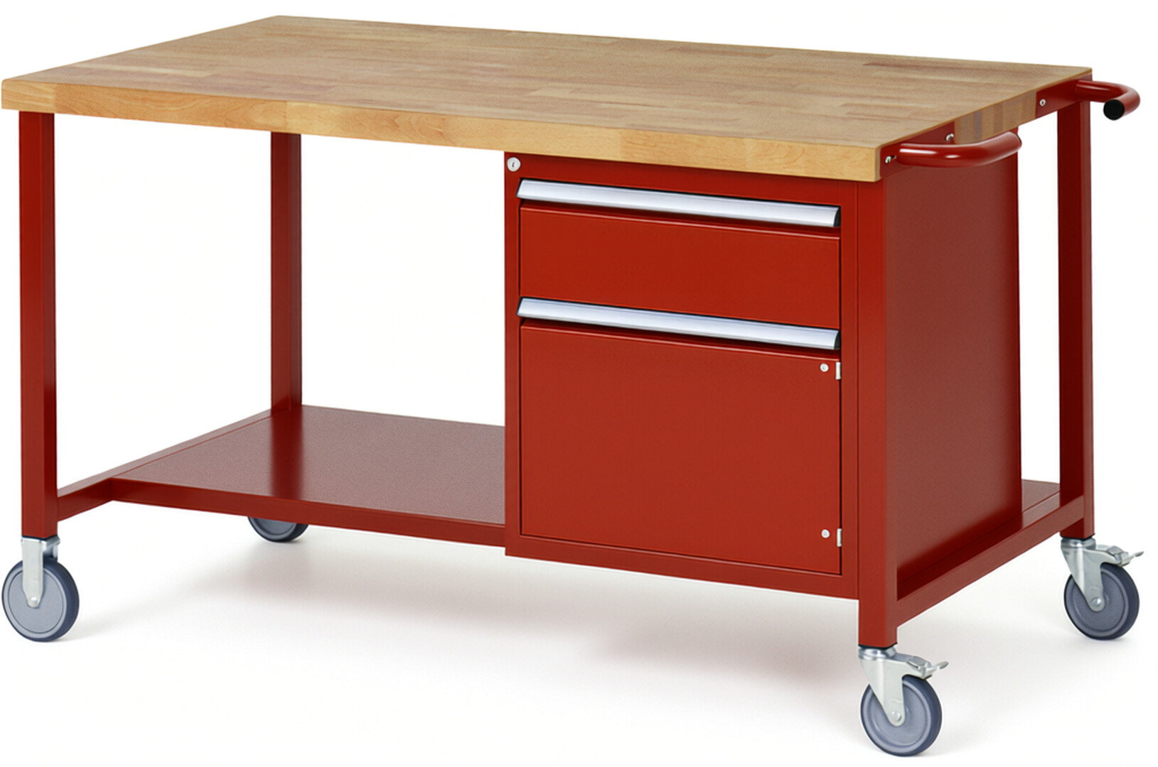 Fahrbare Werkbank Modell 8152 rot, BxTxH 1500x900x880 mm,  Buche-Massiv Arbeitsplatte 40 mm,  1 Schublade mit  Vollauszug 100 % und  SoftClosing