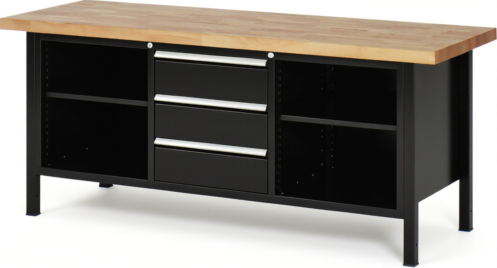Werkbank Modell 8565 schwarz, BxTxH 2000x700x840 mm,  Buche-Massiv Arbeitsplatte 40 mm,  3 Schubladen mit  Vollauszug 100 % und  SoftClosing
