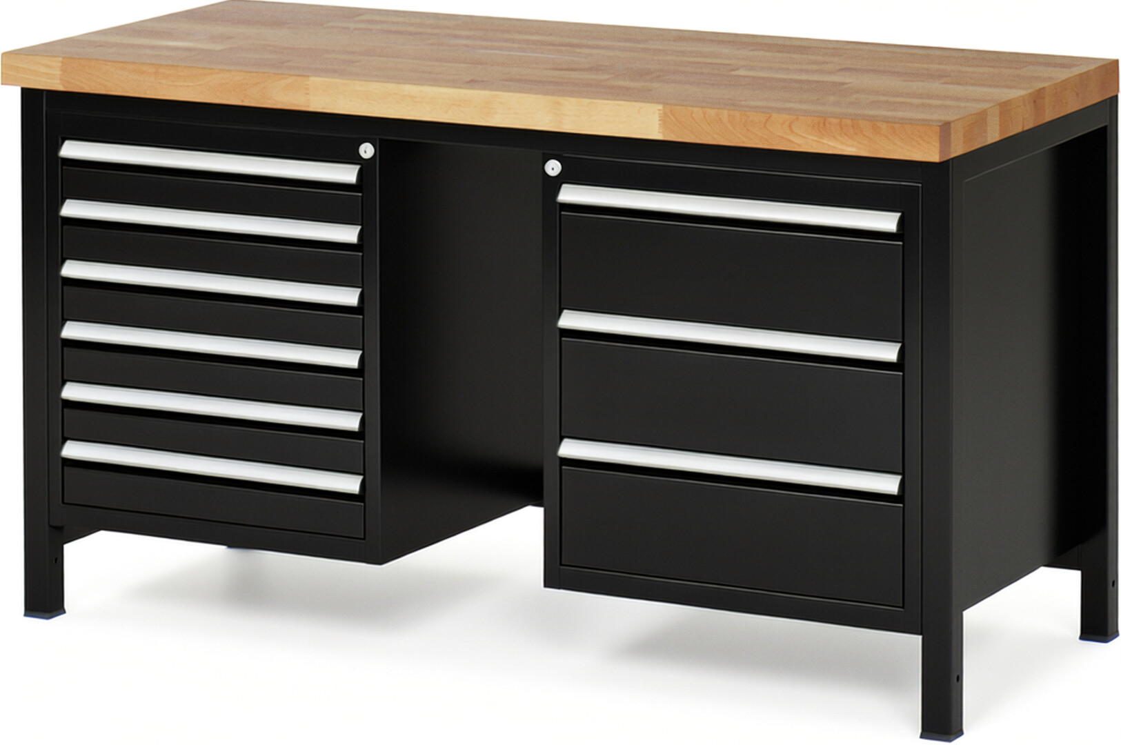 Werkbank Modell 8183 schwarz, BxTxH 1500x700x840-1040 mm,  Buche-Massiv Arbeitsplatte 40 mm,  9 Schubladen mit  Auszug 90 %