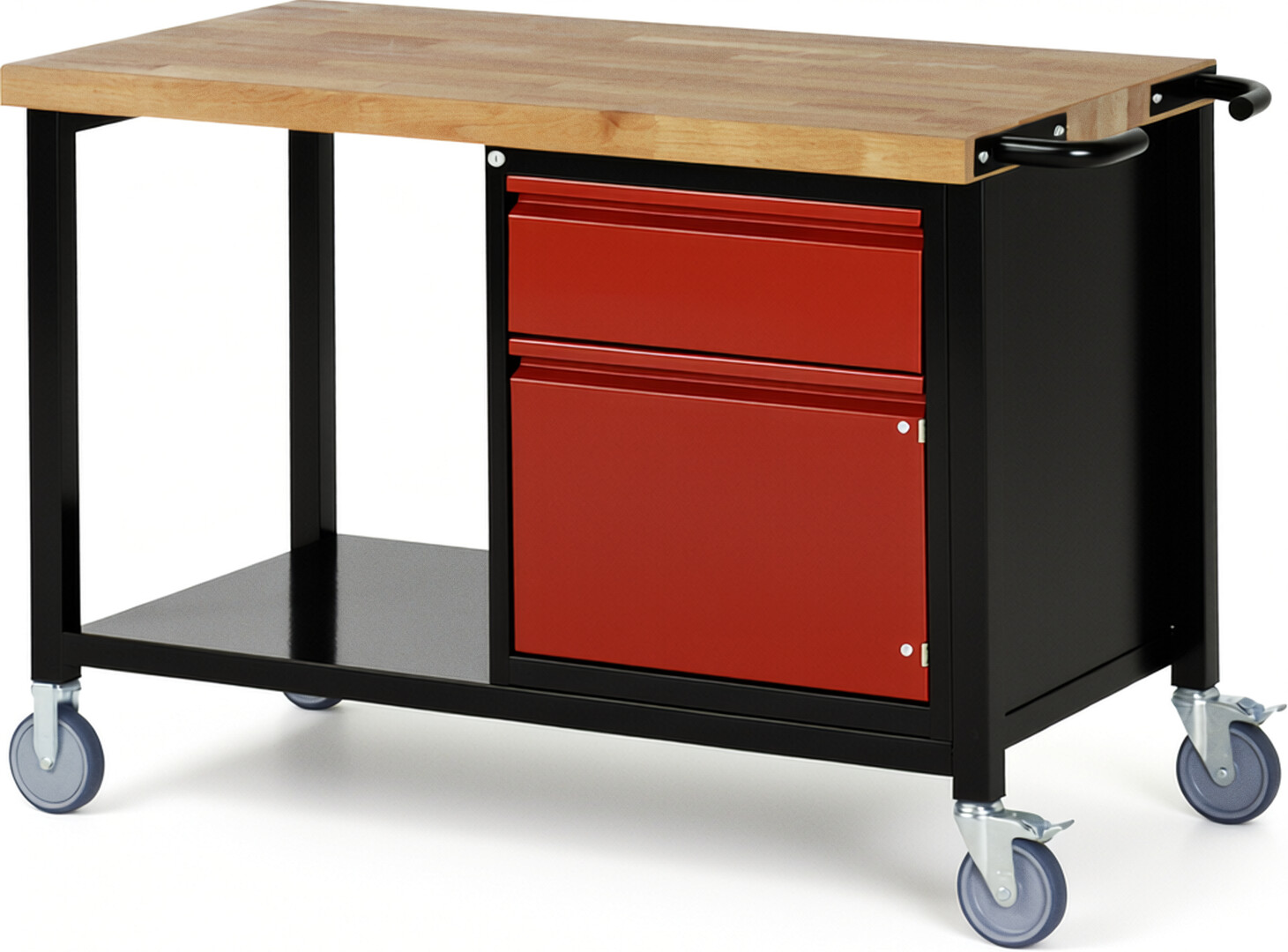 RAU Werkbank schwarz - rot - Breite 125 cm - Tiefe 70 cm - Höhe 88 cm - Buche-Massiv Arbeitsplatte 40 mm