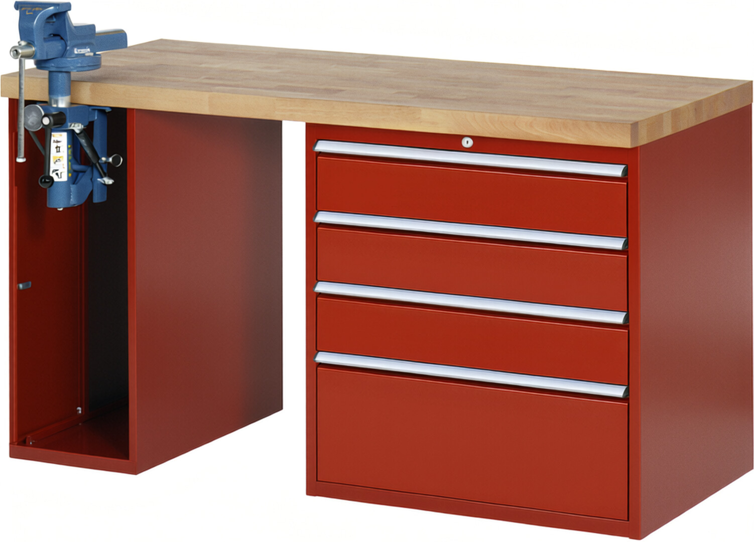Werkbank Modell 7610 rot, BxTxH 1500x700x890 mm,  Buche-Massiv Arbeitsplatte 40 mm,  4 Schubladen mit  Vollauszug 100 % und  SoftClosing