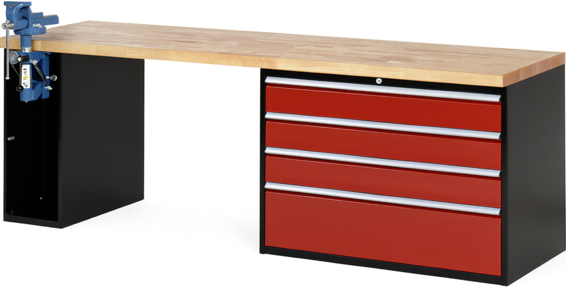 RAU Werkbank schwarz - rot - Breite 250 cm - Tiefe 70 cm - Höhe 89 cm - Buche-Massiv Arbeitsplatte 40 mm