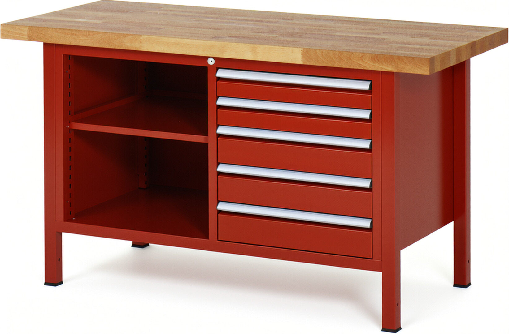 Werkbank Modell 8464 rot, BxTxH 1500x700x840-1040 mm,  Buche-Massiv Arbeitsplatte 40 mm,  5 Schubladen mit  Auszug 90 %
