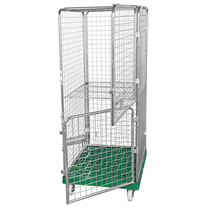 Rollbox mit Drahtgitterwänden, 5-seitig (2 Türen), 1 Boden, Nutzhöhe 1585 mm, BxTxH 810x720x1800 mm, Bodenplatte aus HDPE, RAL 6024 verkehrsgrün
