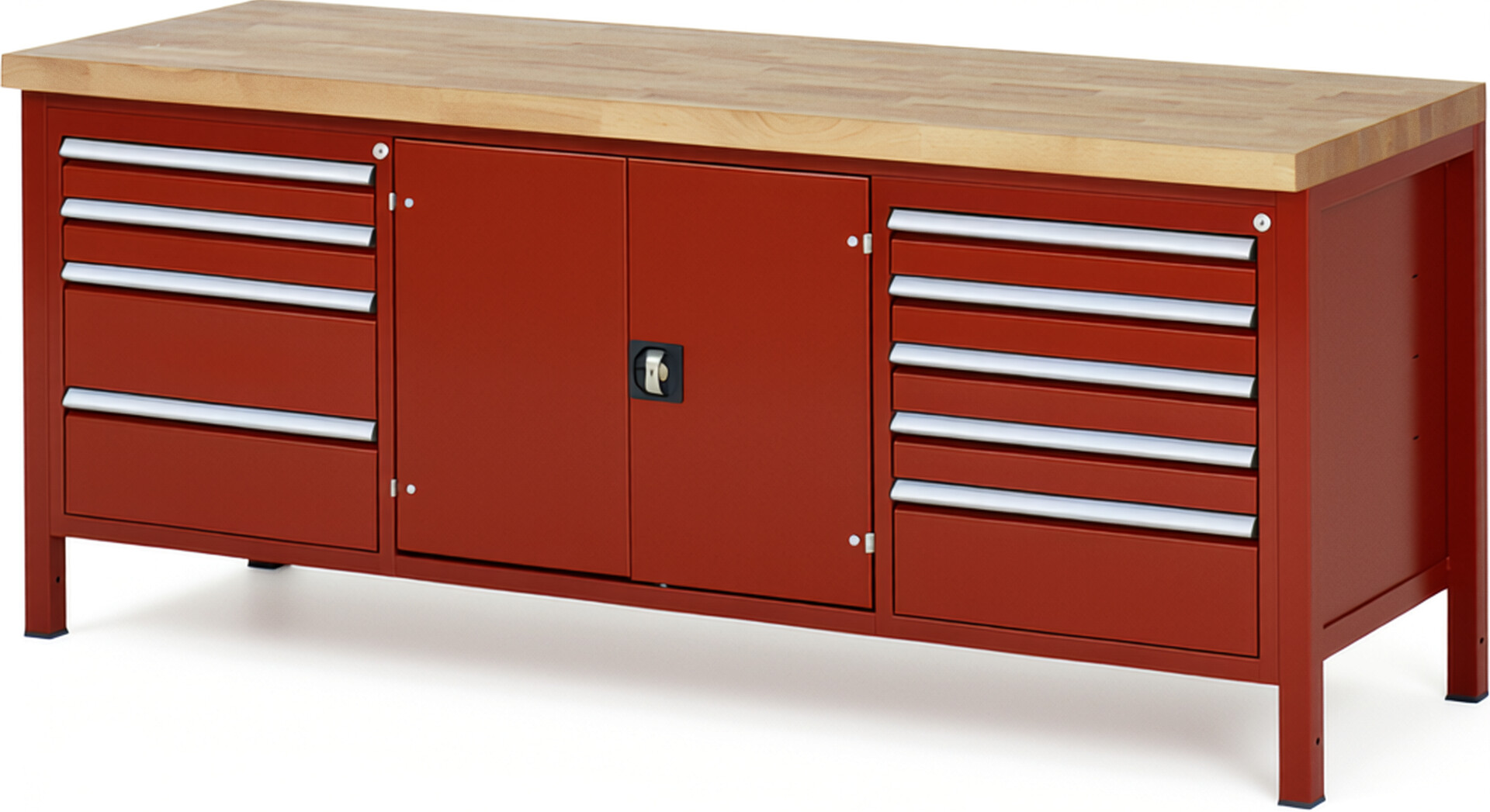 Werkbank Modell 8908 rot, BxTxH 2000x700x840-1040 mm,  Buche-Massiv Arbeitsplatte 40 mm,  9 Schubladen mit  Auszug 90 %