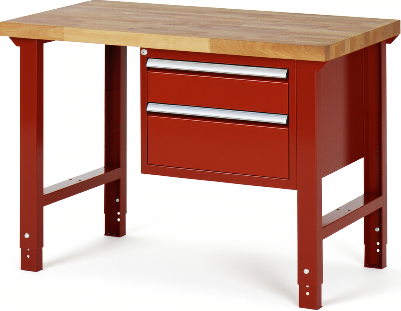 Werkbank Modell 7123 rot, BxTxH 1250x700x790-1140 mm,  Buche-Massiv Arbeitsplatte 40 mm,  2 Schubladen mit  Auszug 90 %