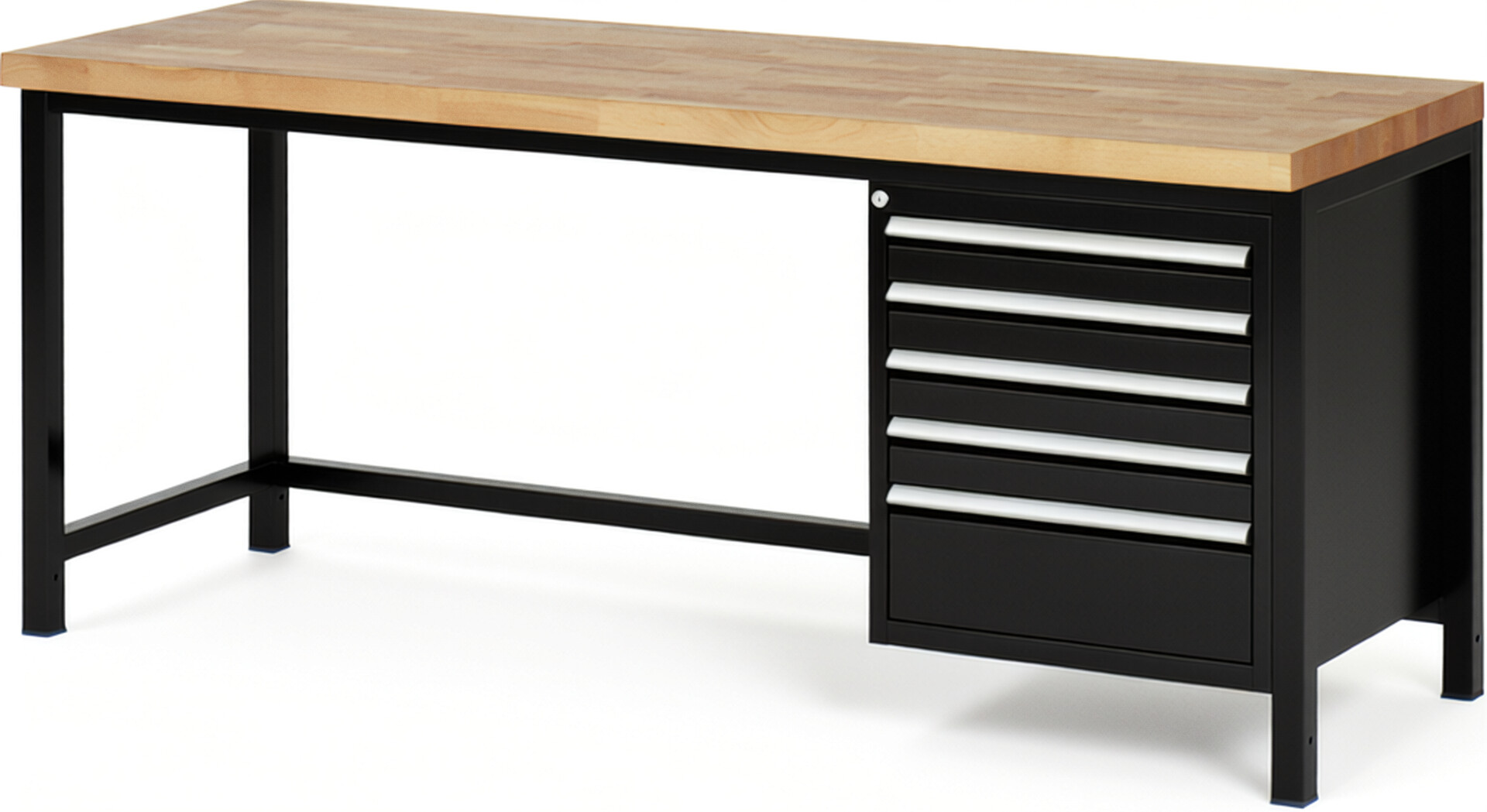 Werkbank Modell 8168 schwarz, BxTxH 2000x700x840-1040 mm,  Buche-Massiv Arbeitsplatte 40 mm,  5 Schubladen mit  Vollauszug 100 % und  SoftClosing