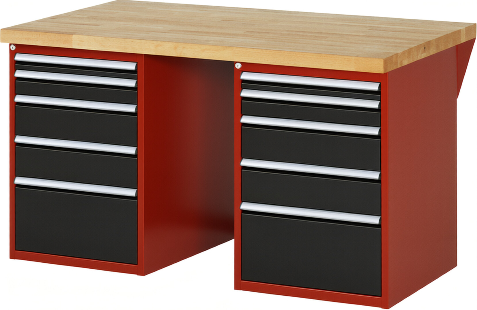 Werkbank Modell 7511 rot - schwarz, BxTxH 1500x900x890 mm,  Buche-Massiv Arbeitsplatte 40 mm,  10 Schubladen mit  Vollauszug 100 % und  SoftClosing