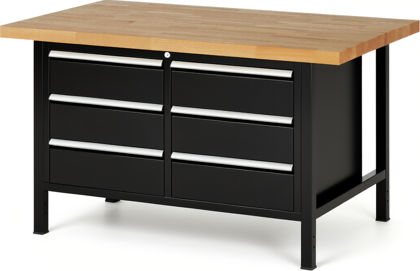 Werkbank Modell 8473 schwarz, BxTxH 1500x900x840 mm,  Buche-Massiv Arbeitsplatte 40 mm,  6 Schubladen mit  Vollauszug 100 % und  SoftClosing
