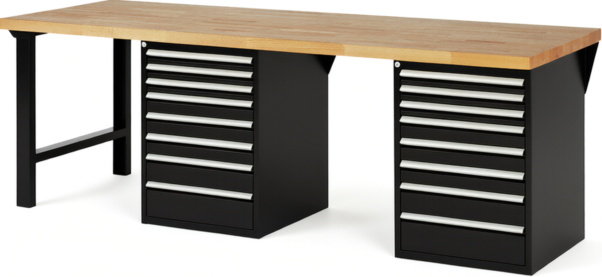 Werkbank Modell 7519 schwarz, BxTxH 2500x900x890 mm,  Buche-Massiv Arbeitsplatte 40 mm,  16 Schubladen mit  Vollauszug 100 % und  SoftClosing
