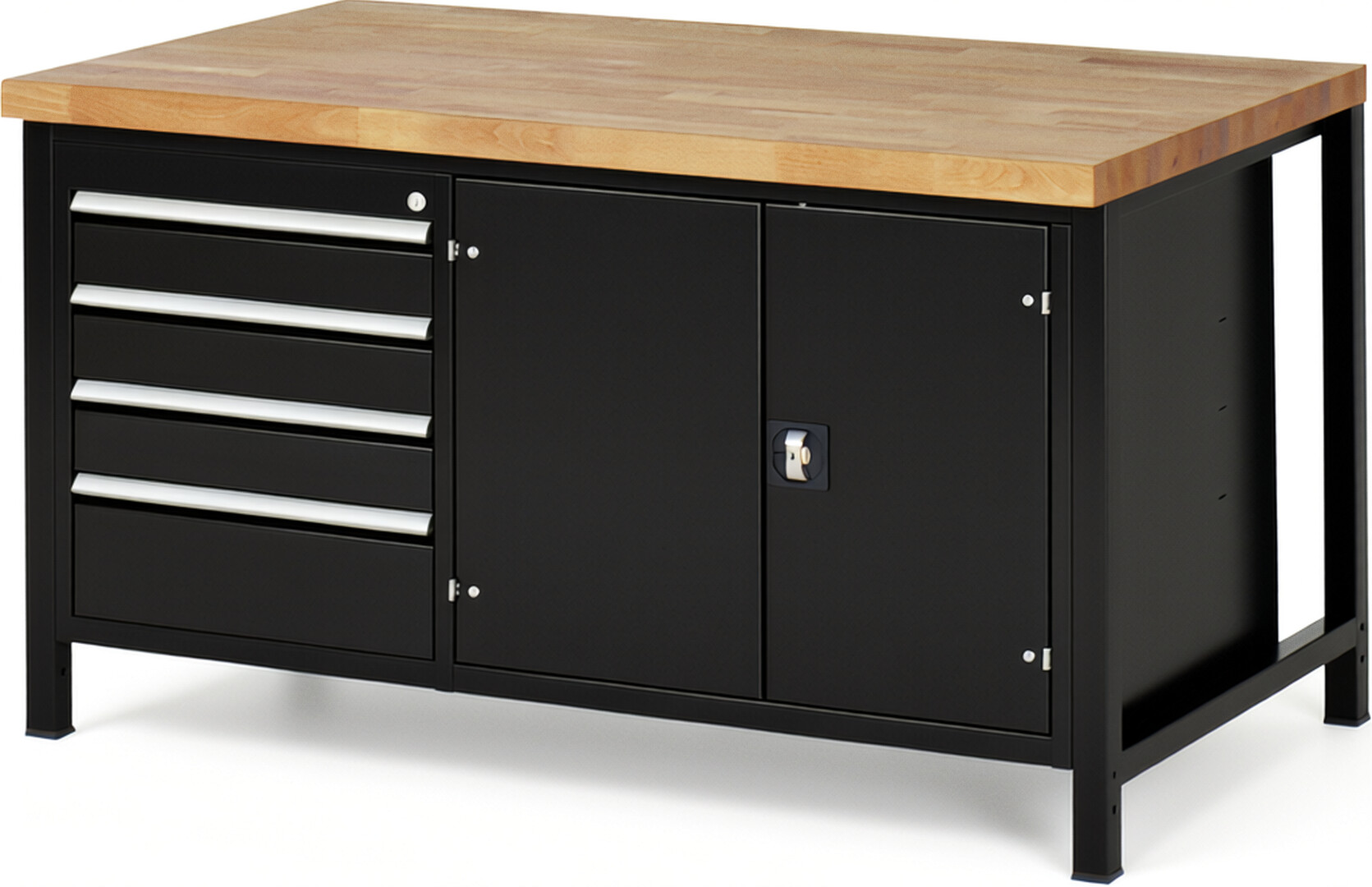 Werkbank Modell 8905 schwarz, BxTxH 1500x900x840-1040 mm,  Buche-Massiv Arbeitsplatte 40 mm,  4 Schubladen mit  Auszug 90 %