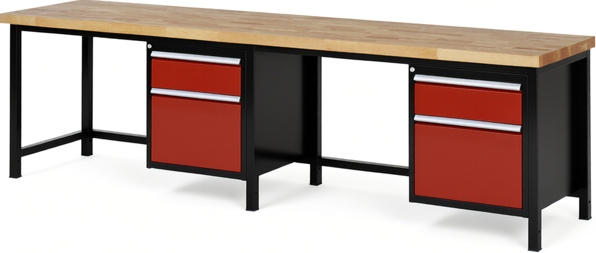 RAU Werkbank schwarz - rot - Breite 300 cm - Tiefe 70 cm - Höhe 104 cm - Buche-Massiv Arbeitsplatte 40 mm