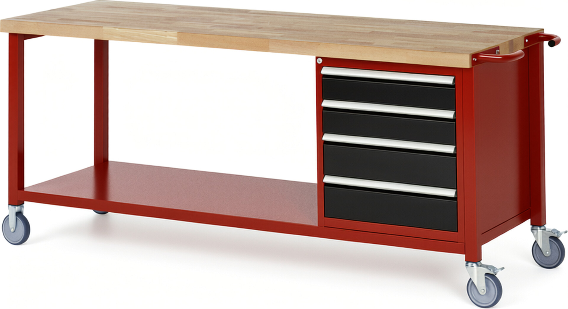 Fahrbare Werkbank Modell 8162 rot - schwarz, BxTxH 2000x700x880-1080 mm,  Buche-Massiv Arbeitsplatte 40 mm,  4 Schubladen mit  Auszug 90 %