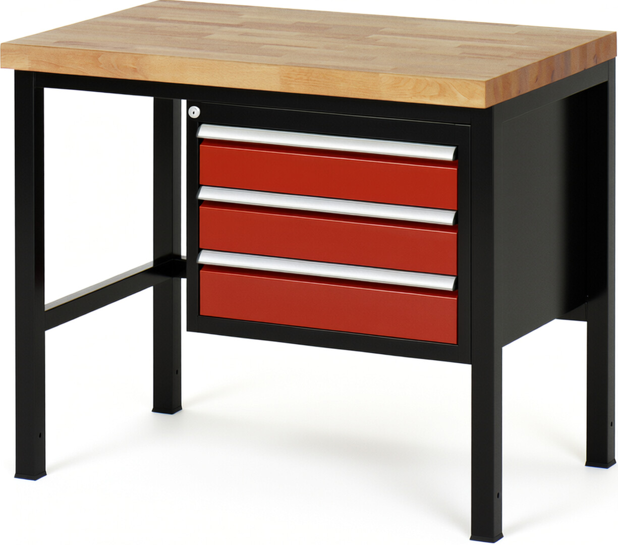 RAU Werkbank schwarz - rot - Breite 100 cm - Tiefe 70 cm - Höhe 104 cm - Buche-Massiv Arbeitsplatte 40 mm