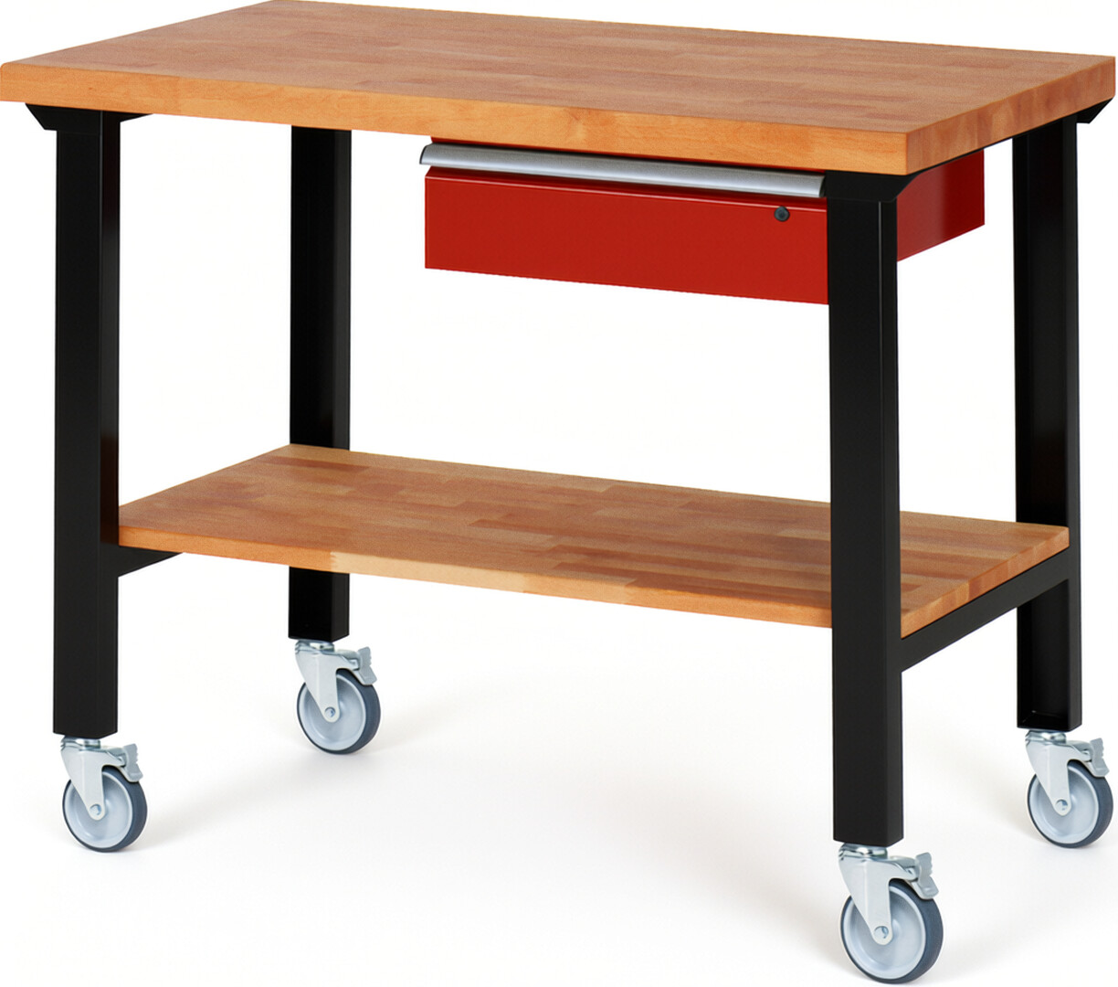 RAU Werkbank schwarz - rot - Breite 125 cm - Tiefe 70 cm - Höhe 100 cm - Buche-Massiv Arbeitsplatte 40 mm