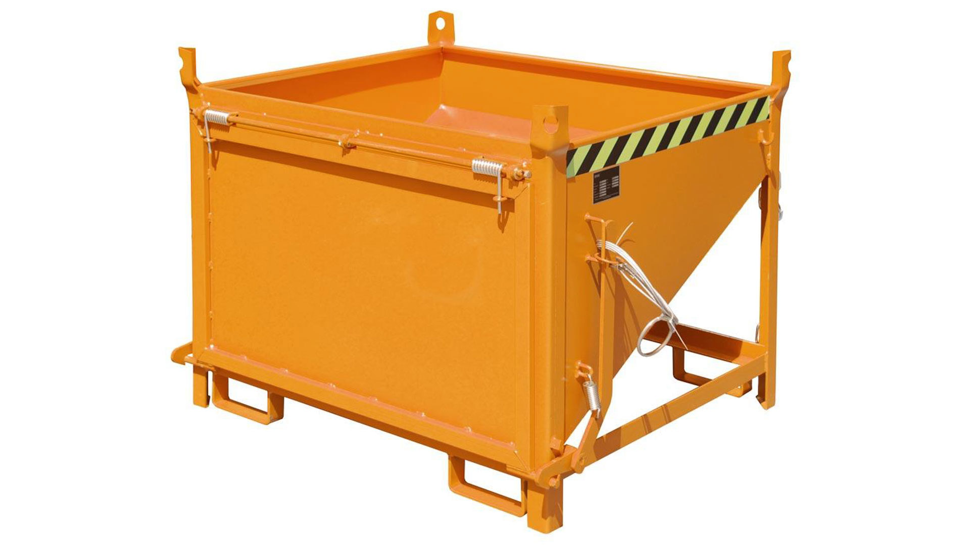 Silobehälter aus Stahl - Volumen 500 l, Traglast 750 kg - Farbe gelborange, stirnseitige Klappe, Einfahrtaschen für Gabelstapler