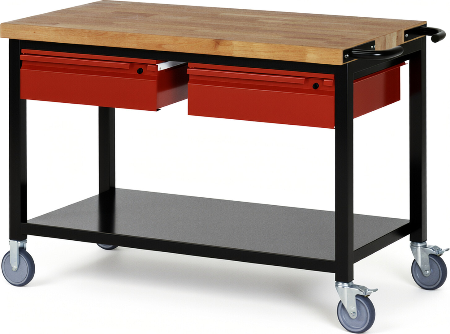 RAU Werkbank schwarz - rot - Breite 125 cm - Tiefe 70 cm - Höhe 88 cm - Buche-Massiv Arbeitsplatte 40 mm