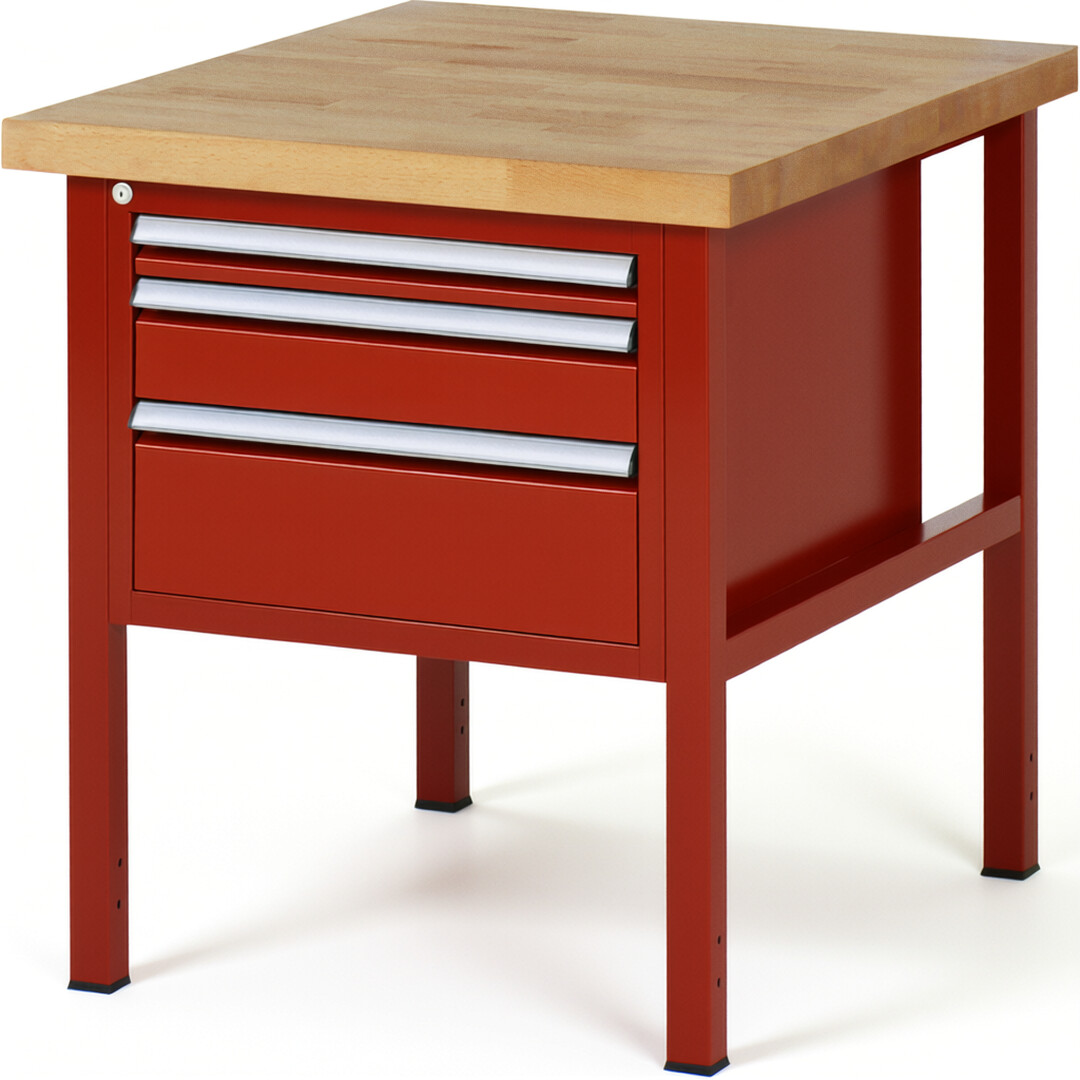 Werkbank Modell 8126 rot, BxTxH 750x900x840 mm,  Buche-Massiv Arbeitsplatte 40 mm,  3 Schubladen mit  Auszug 90 %