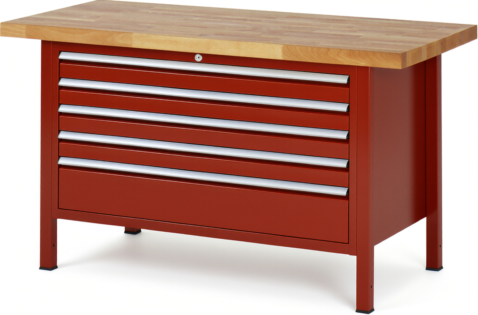 Werkbank Modell 8368 rot, BxTxH 1500x700x840-1040 mm,  Buche-Massiv Arbeitsplatte 40 mm,  5 Schubladen mit  Auszug 90 %