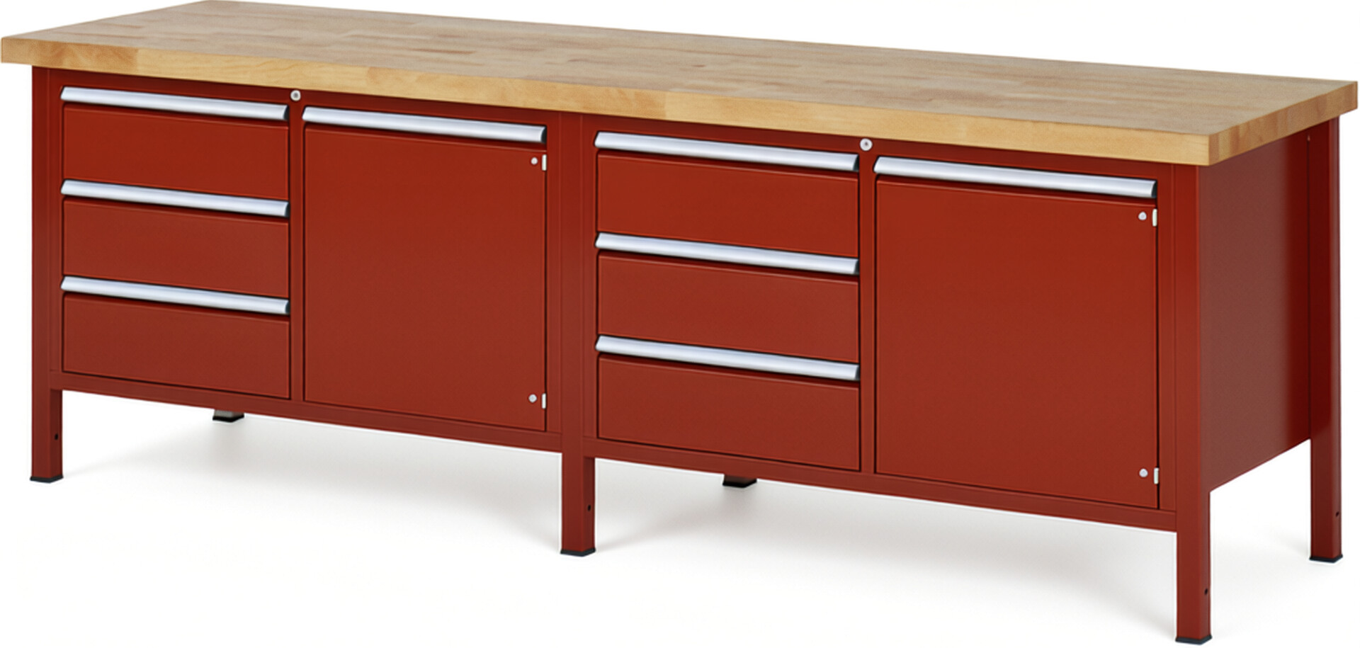Werkbank Modell 8468 rot, BxTxH 2500x700x840 mm,  Buche-Massiv Arbeitsplatte 40 mm,  6 Schubladen mit  Auszug 90 %