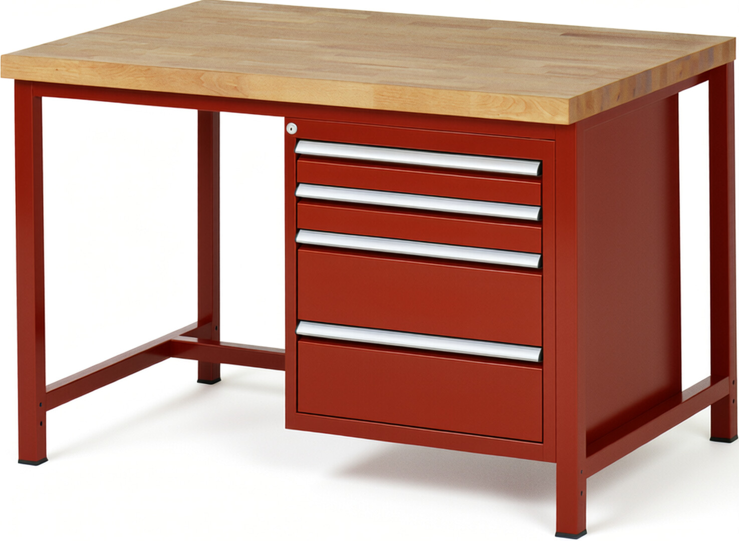Werkbank Modell 8161 rot, BxTxH 1250x900x840 mm,  Buche-Massiv Arbeitsplatte 40 mm,  4 Schubladen mit  Auszug 90 %