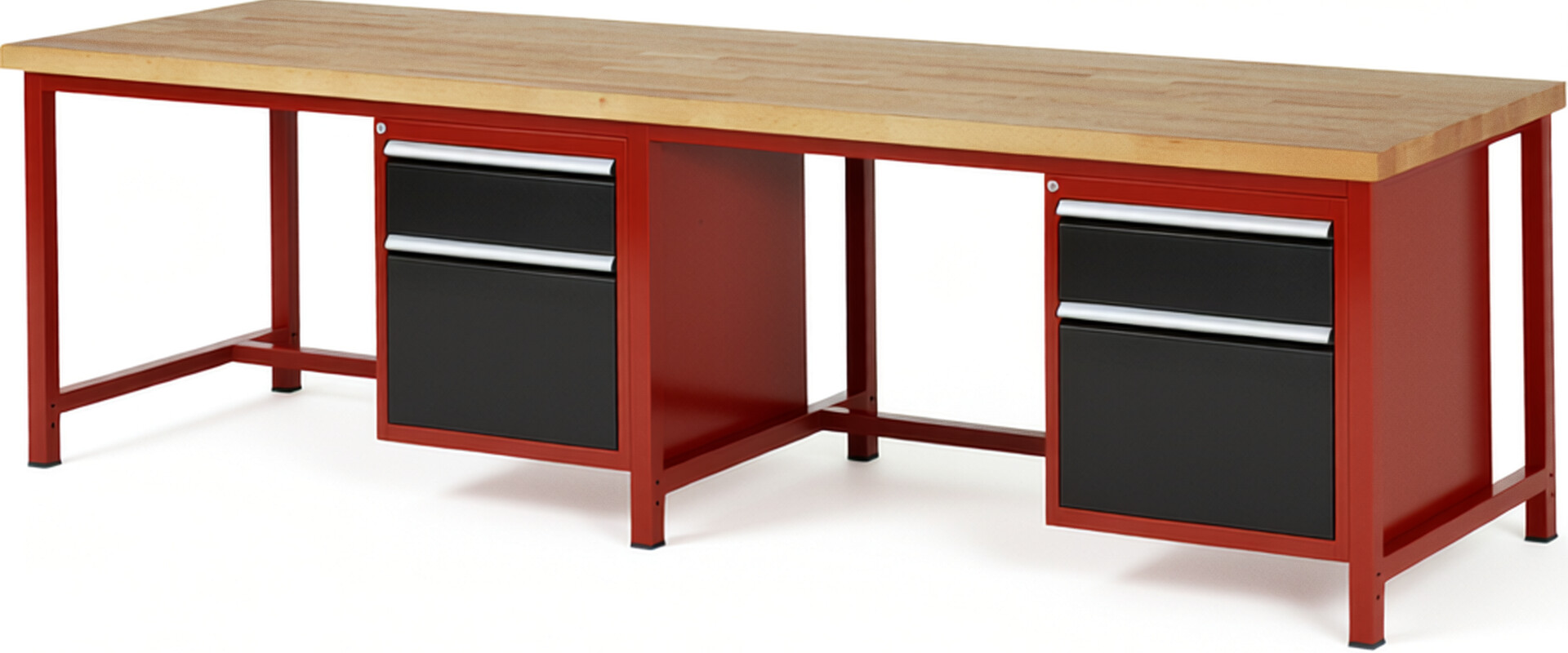 Werkbank Modell 8156 rot - schwarz, BxTxH 3000x900x840 mm,  Buche-Massiv Arbeitsplatte 40 mm,  4 Schubladen mit  Vollauszug 100 % und  SoftClosing