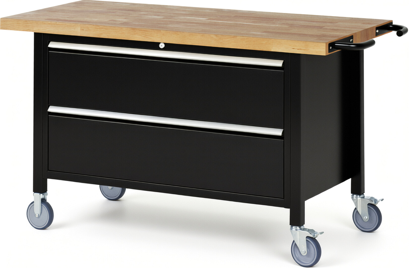 Fahrbare Werkbank Modell 8355 schwarz, BxTxH 1500x700x880-1080 mm,  Buche-Massiv Arbeitsplatte 40 mm,  2 Schubladen mit  Vollauszug 100 % und  SoftClosing